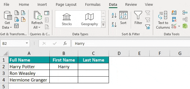 Split Cells in Excel Example 3.2