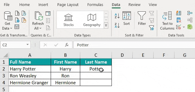 Split Cells in Excel Example 3.4
