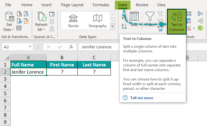 Split Cells in Excel Example 1.1