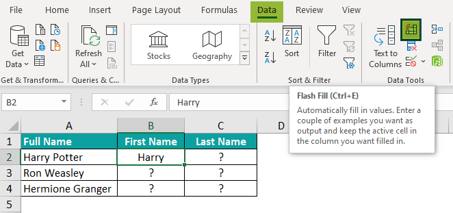Split Cells in Excel Example 3.1