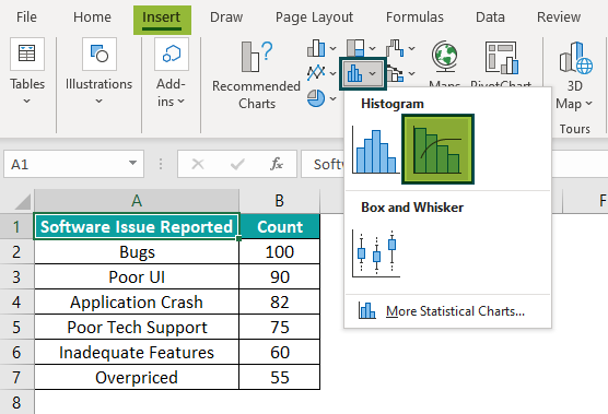 Pareto Chart in Excel Example 1.1