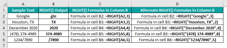 RIGHT Function In Excel Intro Example
