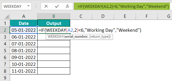 WEEKDAY in Excel Example 2.1