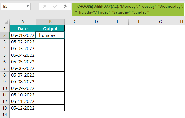 WEEKDAY in Excel Example 3.2