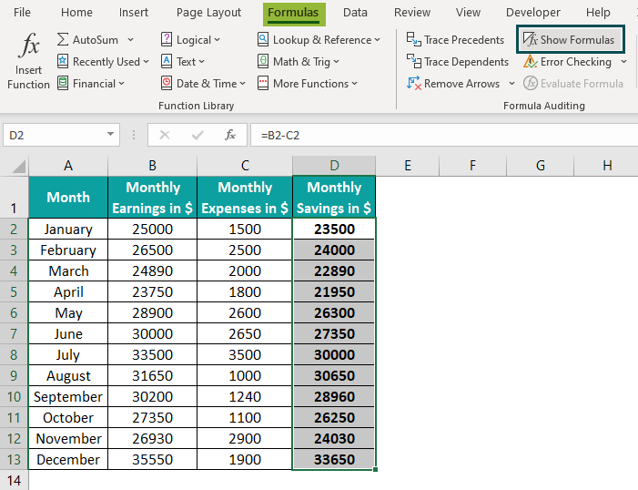 show formulas in excel Method 1