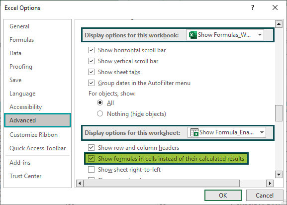 show formulas in excel enable