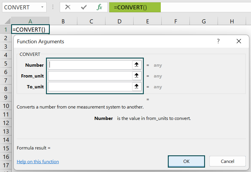 CONVERT Function in Excel - Function arguments window