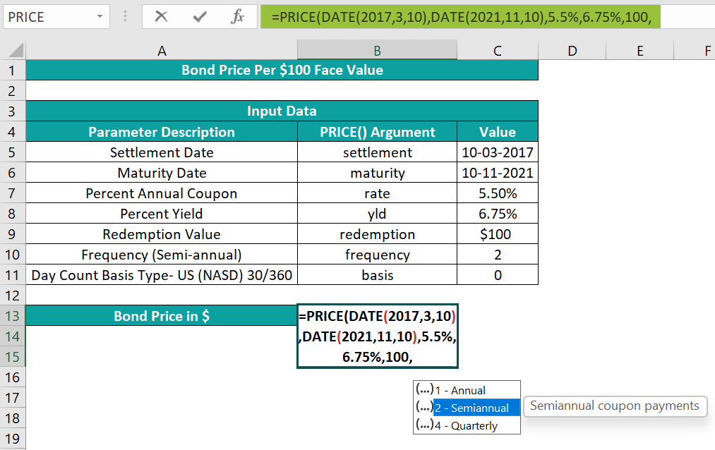 Enter values using DATE and PRICE function - Step 2