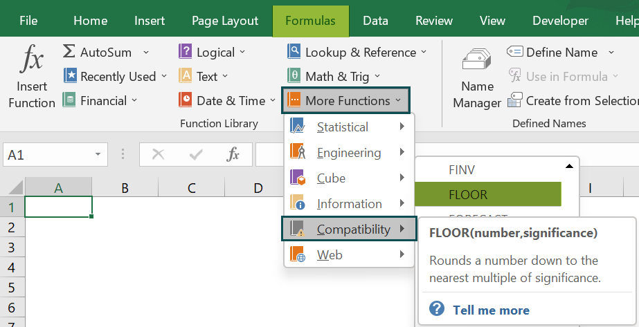 FLOOR Function in excel - access from the excel ribbon