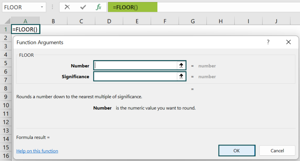 FLOOR Function in excel - function arguments window