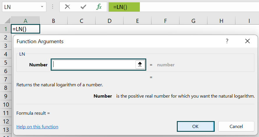 LN Excel Function - function arguments window