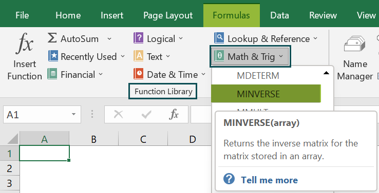 MINVERSE IN Excel - Access from the excel ribbon