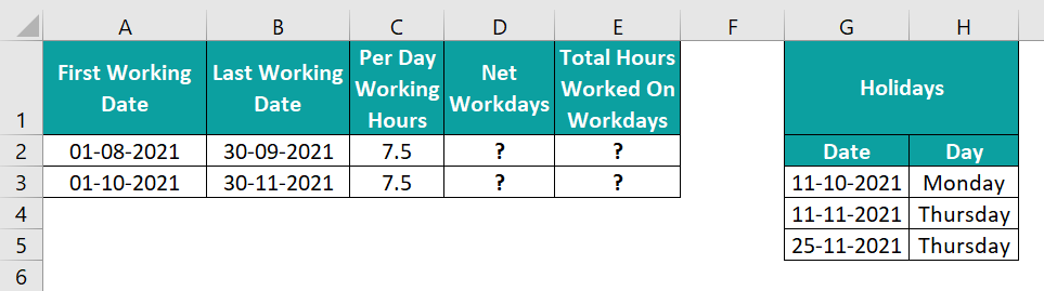 Networkdays Excel Function - Example 1