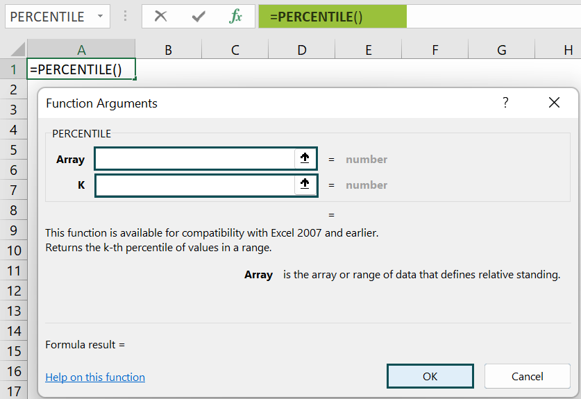 Percentile Function - Function arguments window