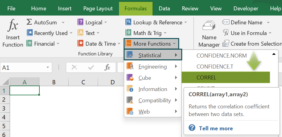 CORREL Function - access from the excel ribbon