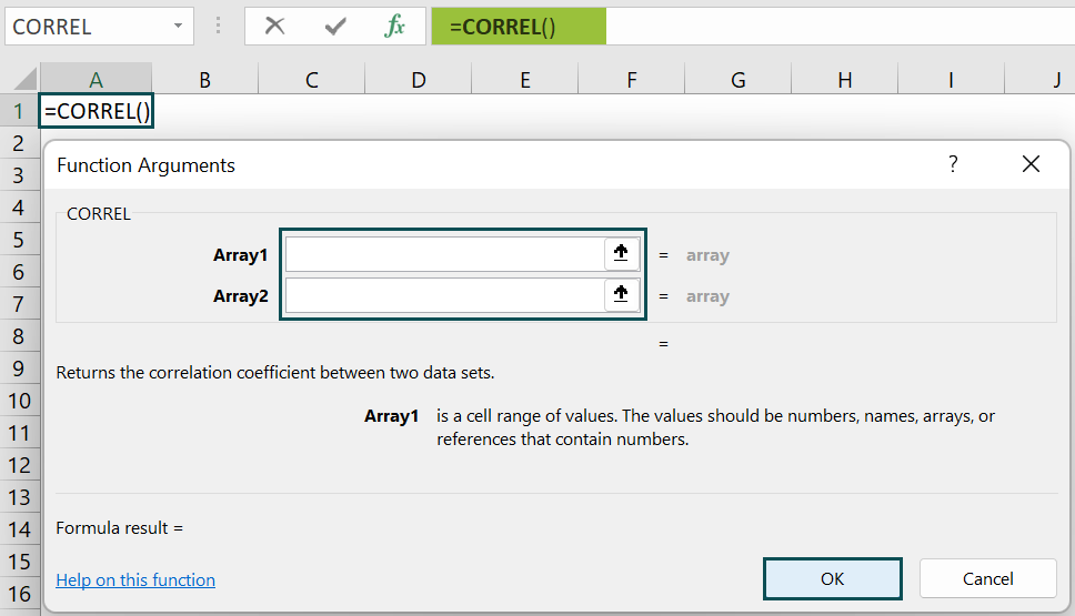 CORREL Function - argument window