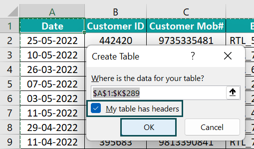 Database in Excel - Example 1 - Step 4a