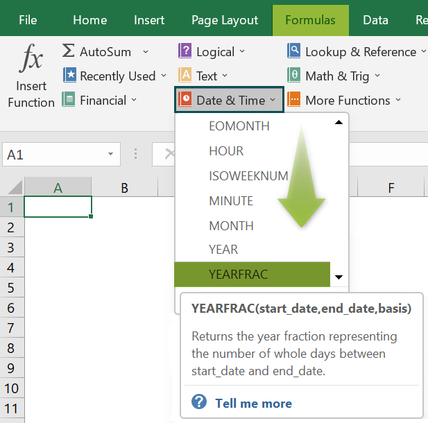 YEARFRAC Excel Function - Access from the excel ribbon