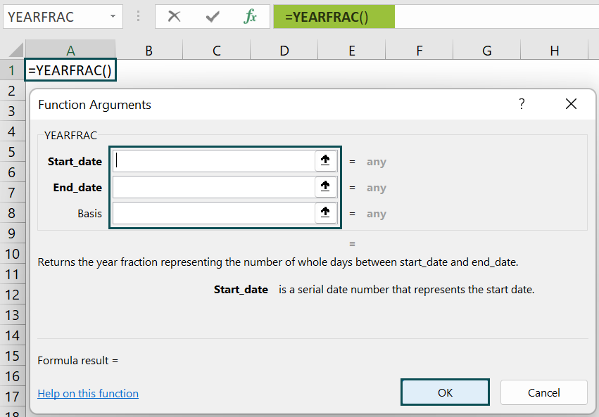 YEARFRAC Excel Function - Function arguments window