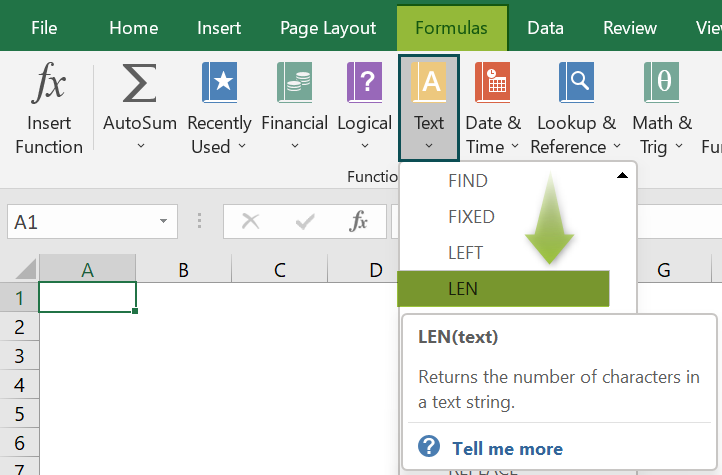 Access LEN function from excel ribbon