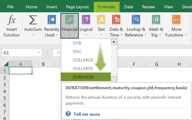 DURATION Excel Function - Access from the excel ribbon