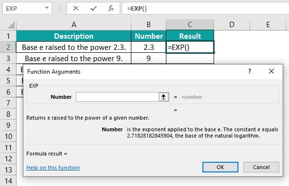 Exponential Excel Function Use - Function Arguments