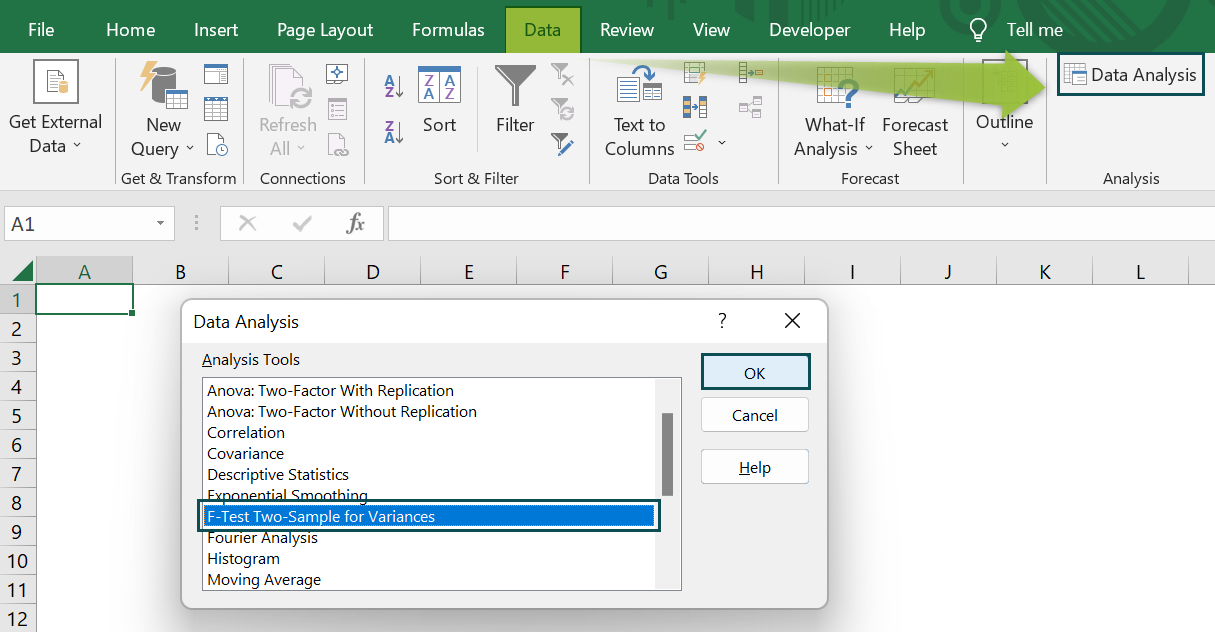 FTEST Excel - Data Analysis Option