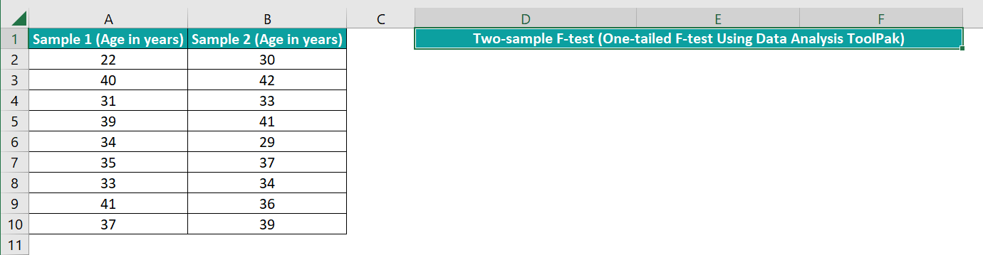 FTEST Function in Excel - Example 3