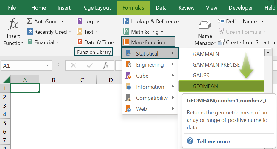 GEOMEAN Excel Function - Access from the excel ribbon