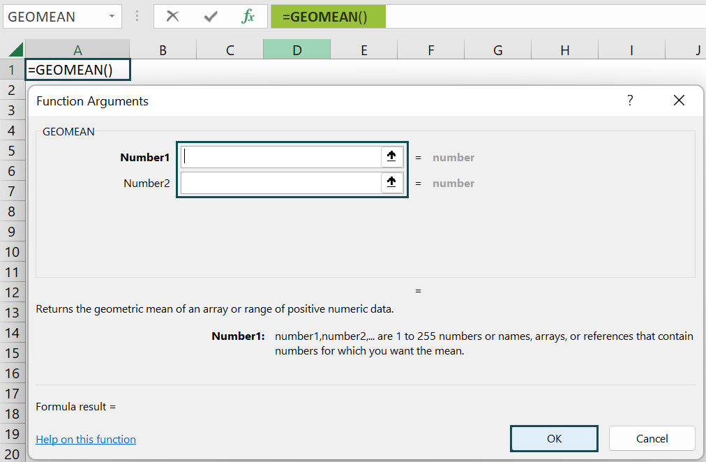 GEOMEAN Excel Function - Function arguments window