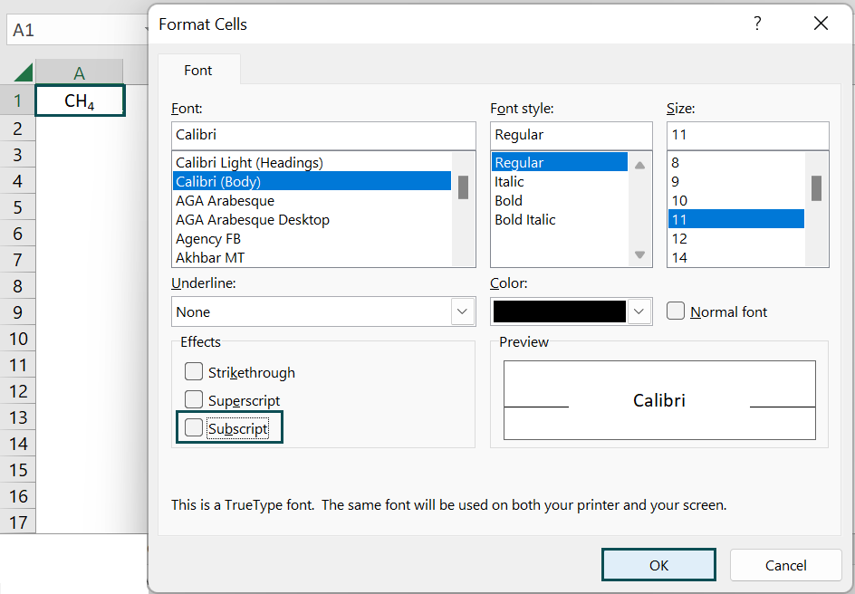 How to remove Subscript in Excel - Step 1