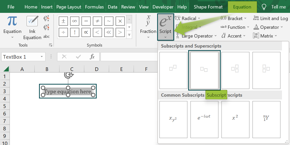 How to type a subscript using equation option - Step 2