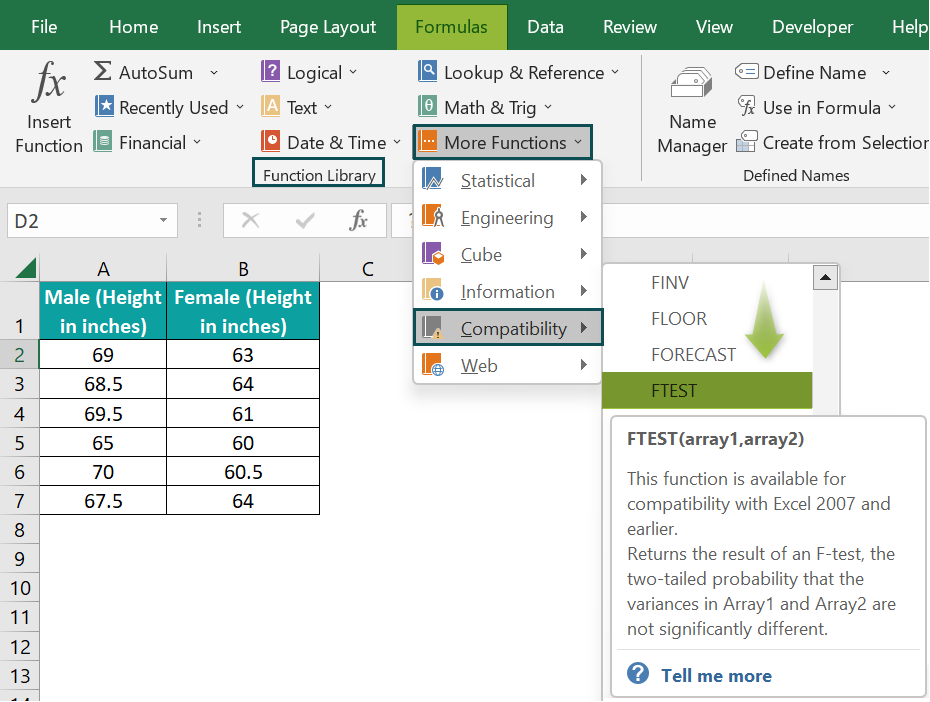 How to use FTEST Excel Function - Step 1b