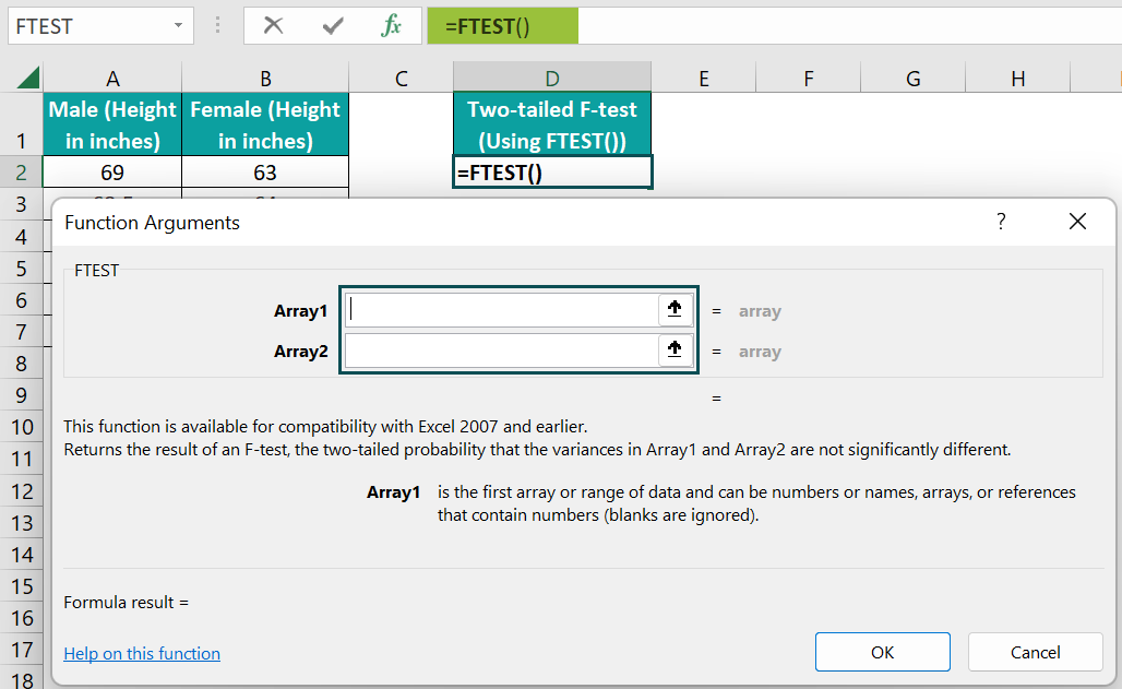 How to use FTEST Excel Function - Step 1c