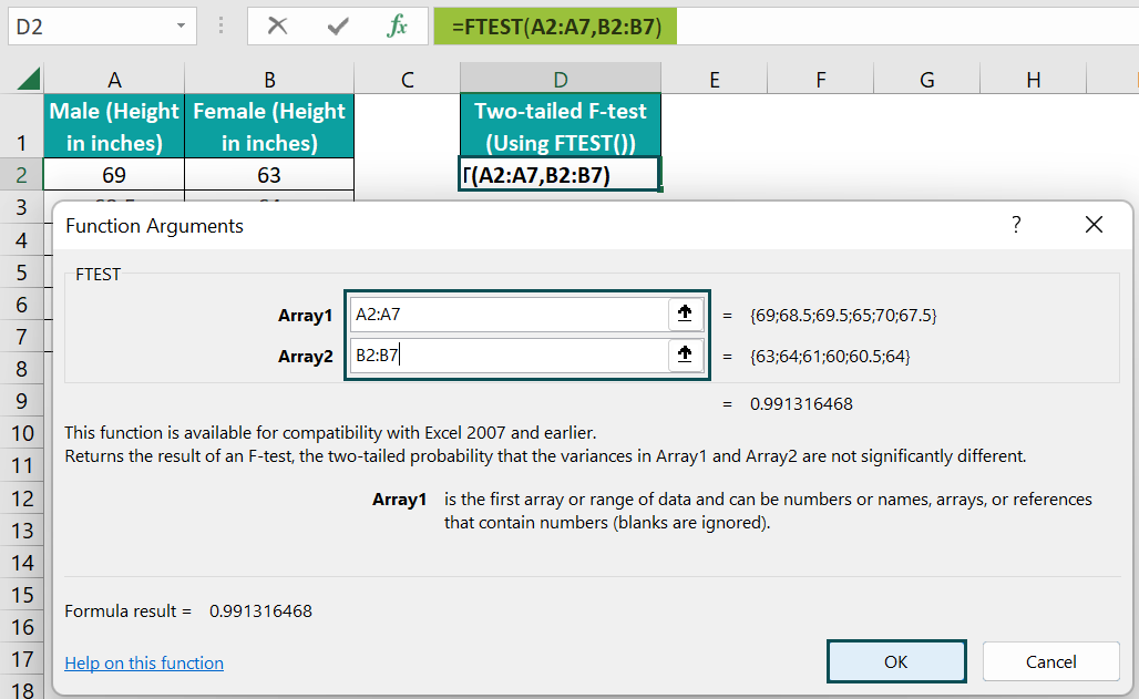 How to use FTEST Excel Function - Step 1d