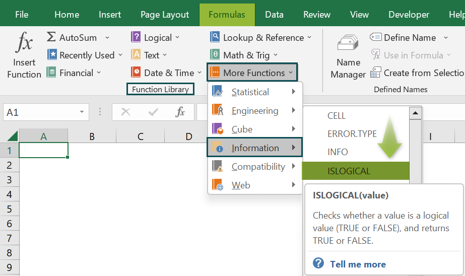 ISLOGICAL Excel Function - Access from the excel ribbon