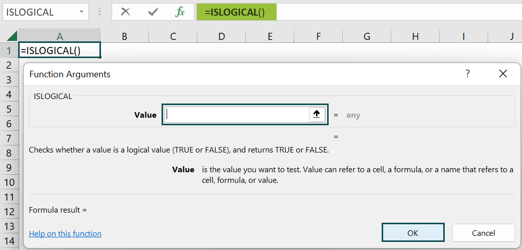 ISLOGICAL Excel Function - Function arguments window