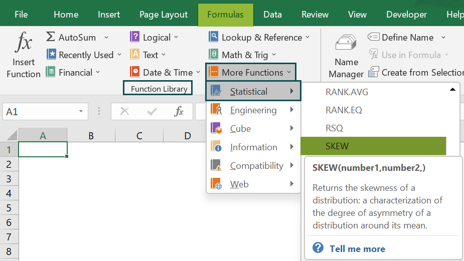 SKEW Excel Function - Access from the excel ribbon