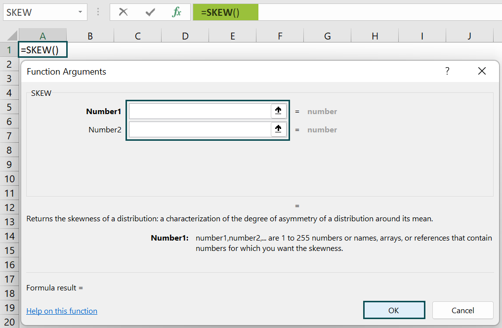 SKEW Excel Function - Function arguments window