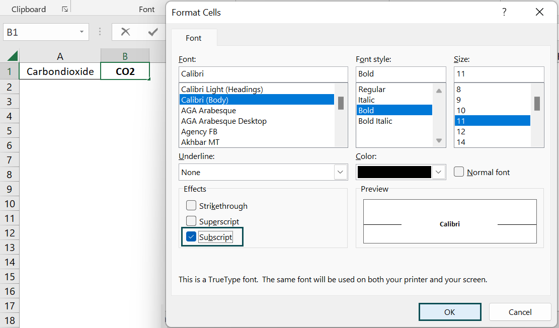 Subscript in Excel - 1