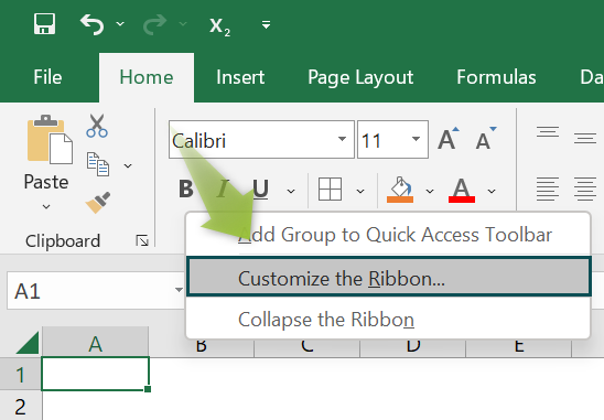 Subscript in Excel - Excel Ribbon - Step 1