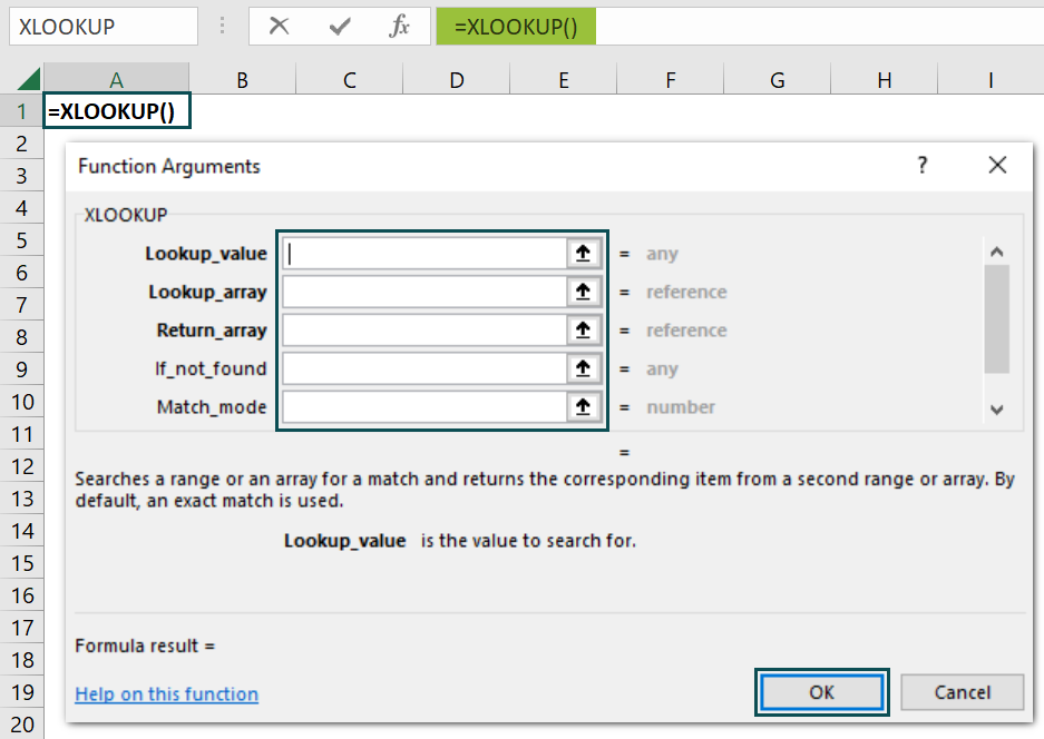 XLOOKUP Excel Function - Functions arguments window