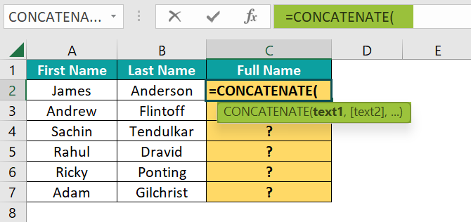 CONCATENATE Formula in Excel - Step 1
