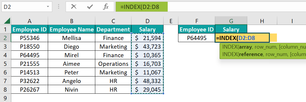 INDEX Formula in Excel - Step 2