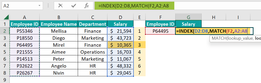 INDEX and MATCH Formula in Excel - Step 3