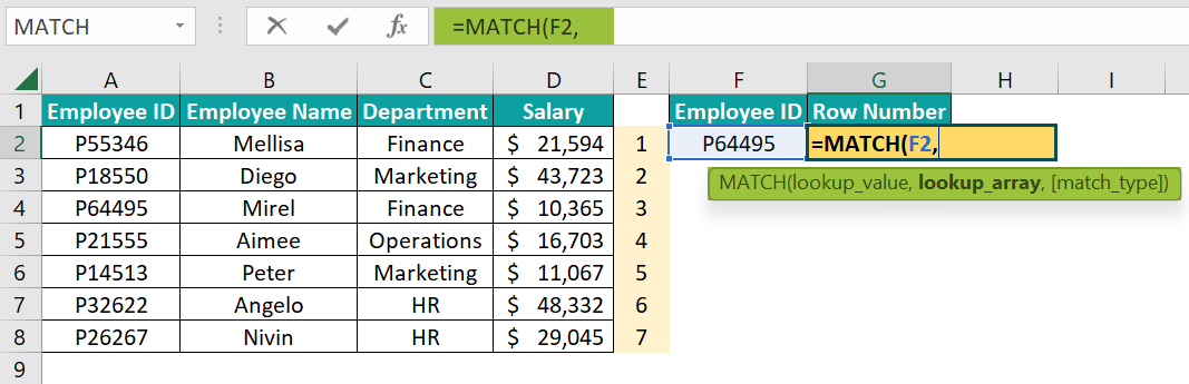 MATCH Formula in Excel - Step 1