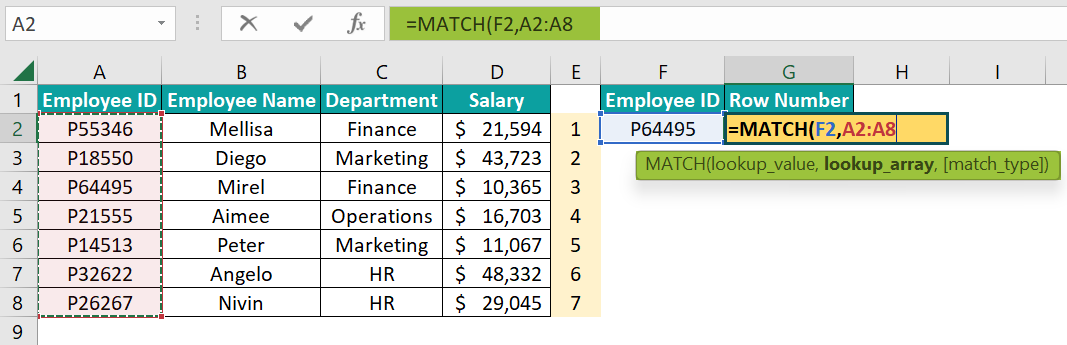 MATCH Formula in Excel - Step 2