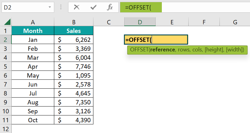 OFFSET Formula in Excel - Step 1