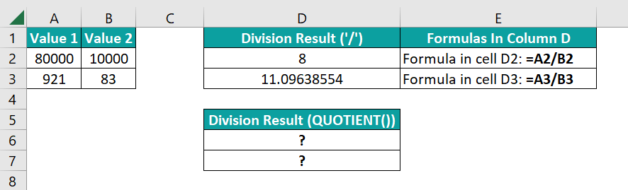 Divide In Excel - QUOTIENT Example