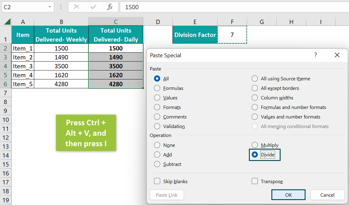 Using Paste Special Feature - Step 2